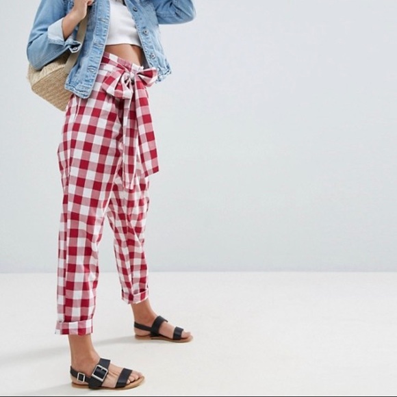 ASOS High Waist Tie Paper Bag Gingham Peg Trousers - Picture 2 of 6